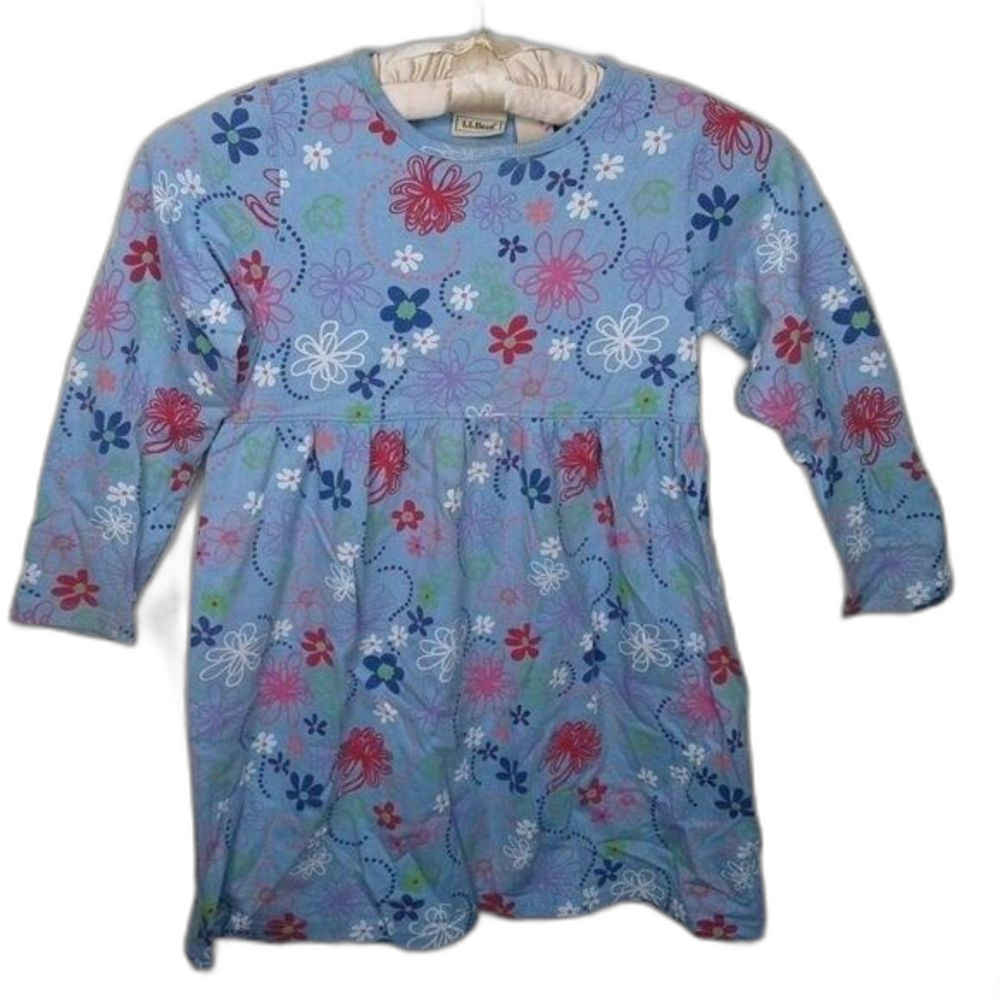 LL Bean Sky Blue Cotton Longsleeve Twirly Dress Red Pink Purple Floral Size 5/6